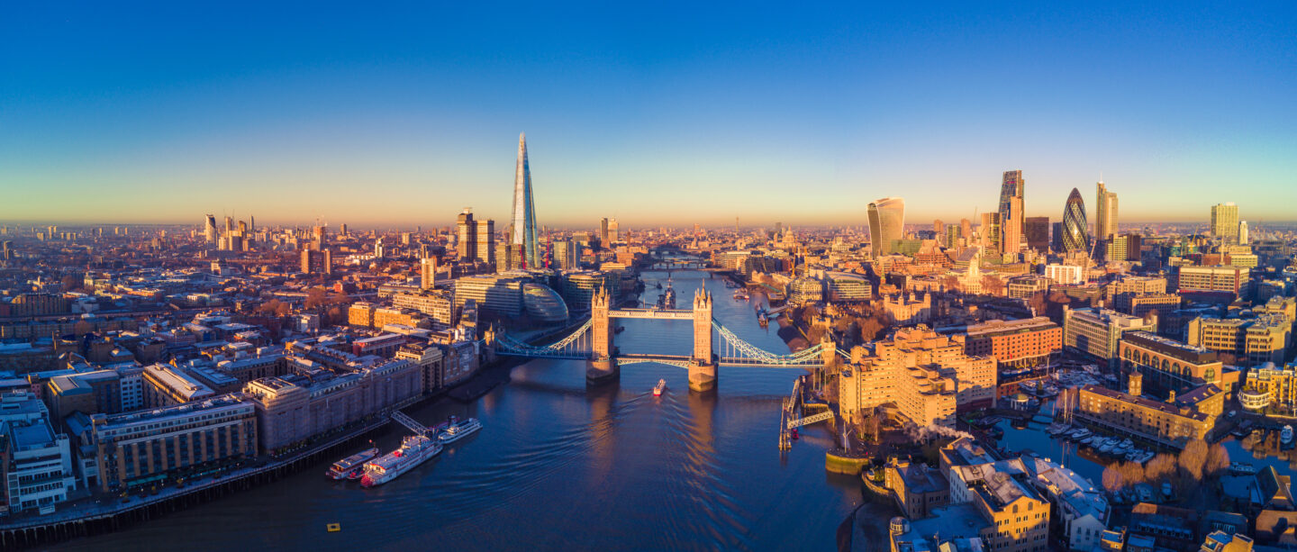 Aerial Panoramic Cityscape View Of London And The River Thames